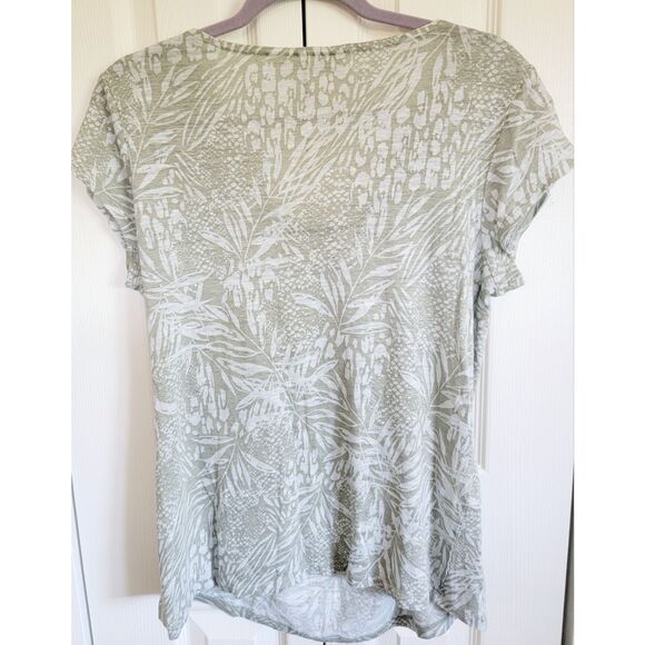 Christian Siriano L Linen Short Sleeve‎ Relaxed Fit Top Womens Tan Olive Flora - Picture 7 of 7